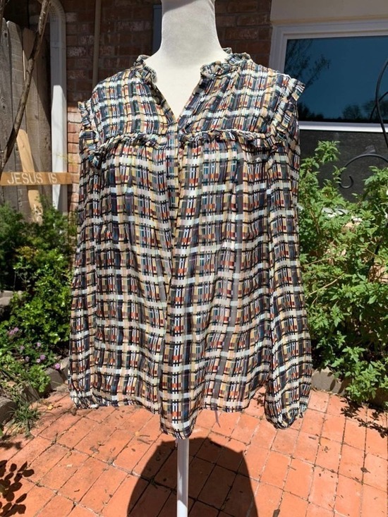 NWOT Marie Oliver 100% Silk Multi Colored Ruffle Plaid Blouse - Picture 3 of 8